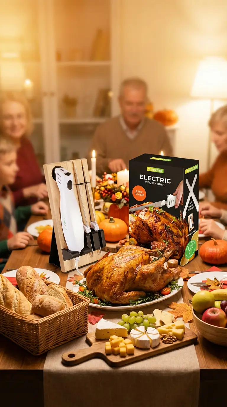 NutriChef Electric Carving Knife Review: Tested in 2026 1 A close-up shot of the NutriChef Electric Carving Knife with its wooden storage block.