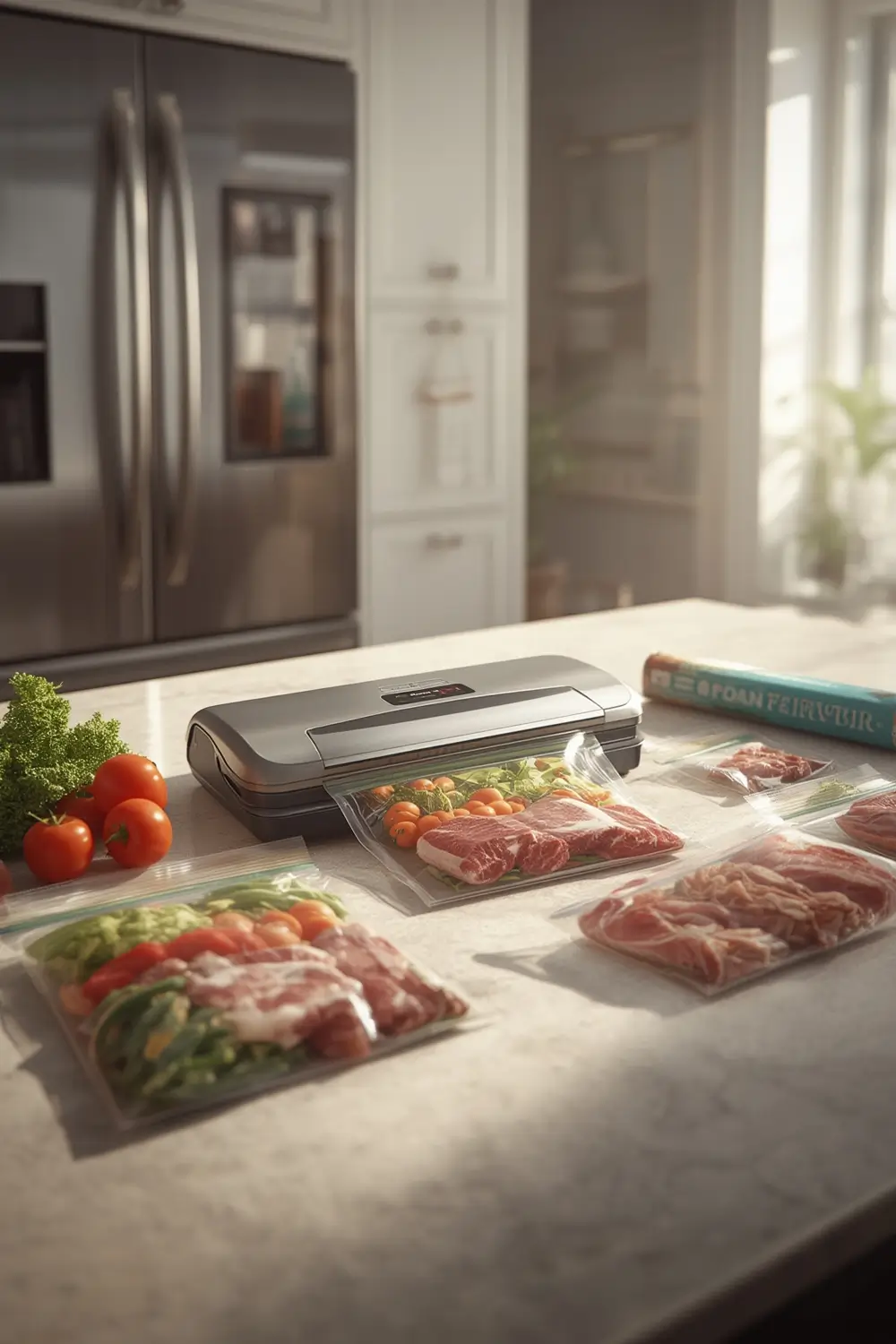 FoodSaver vacuum sealer rolls and bags in a real-world setting.